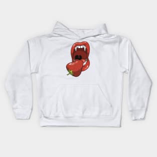 Mouth with vampire teeth about to take a bite into a strawberry Kids Hoodie